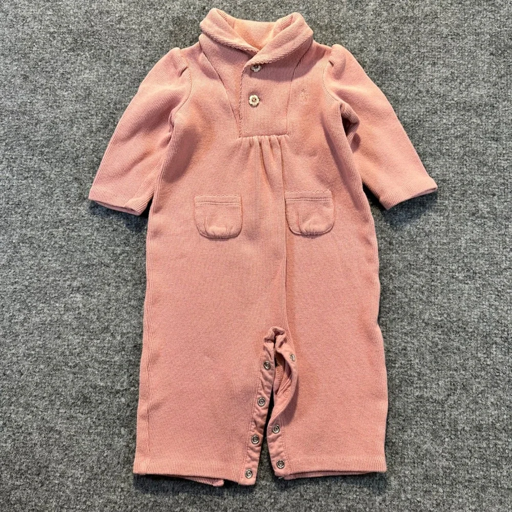 Ralph Lauren Knit Romper Baby Girls 6M Pink Shawl Collar Preppy Classic Coverall